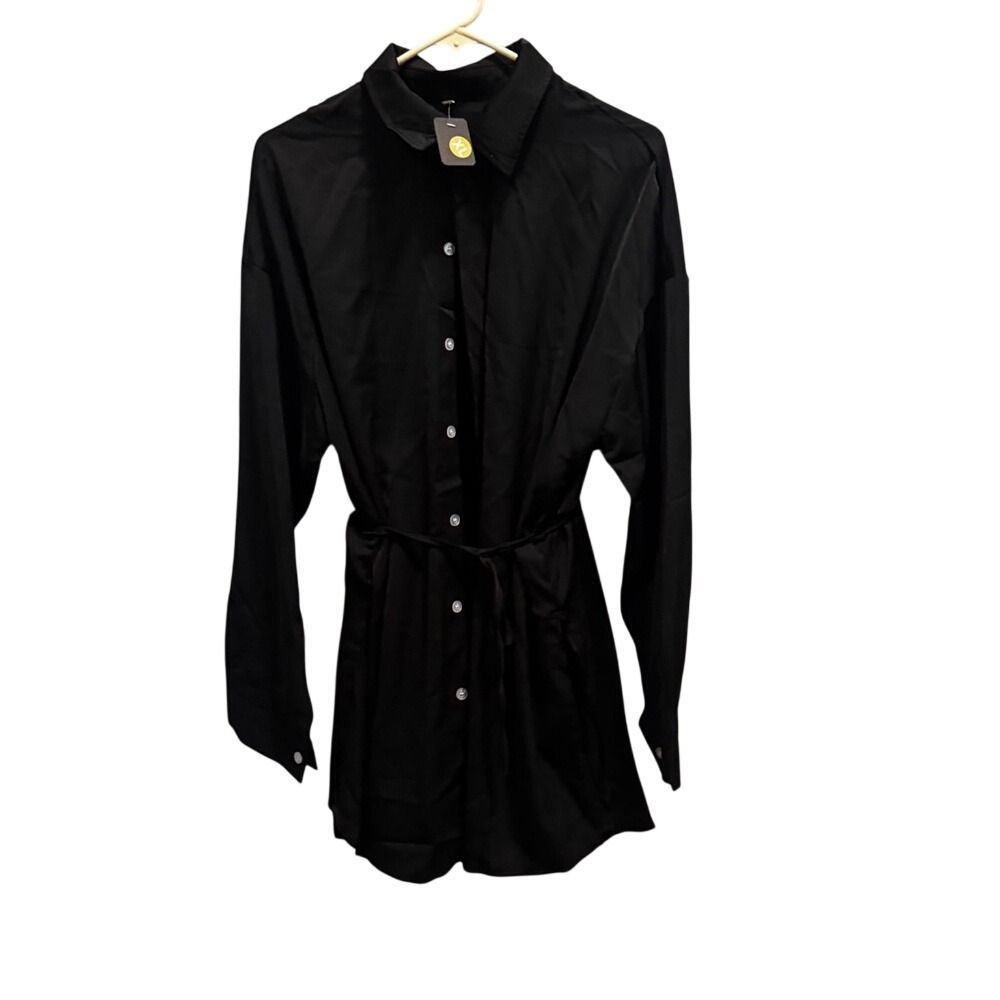 Womens‎ Black Long Sleeve Button Down Shirt Dress Elastic Waist Tie Belt XL